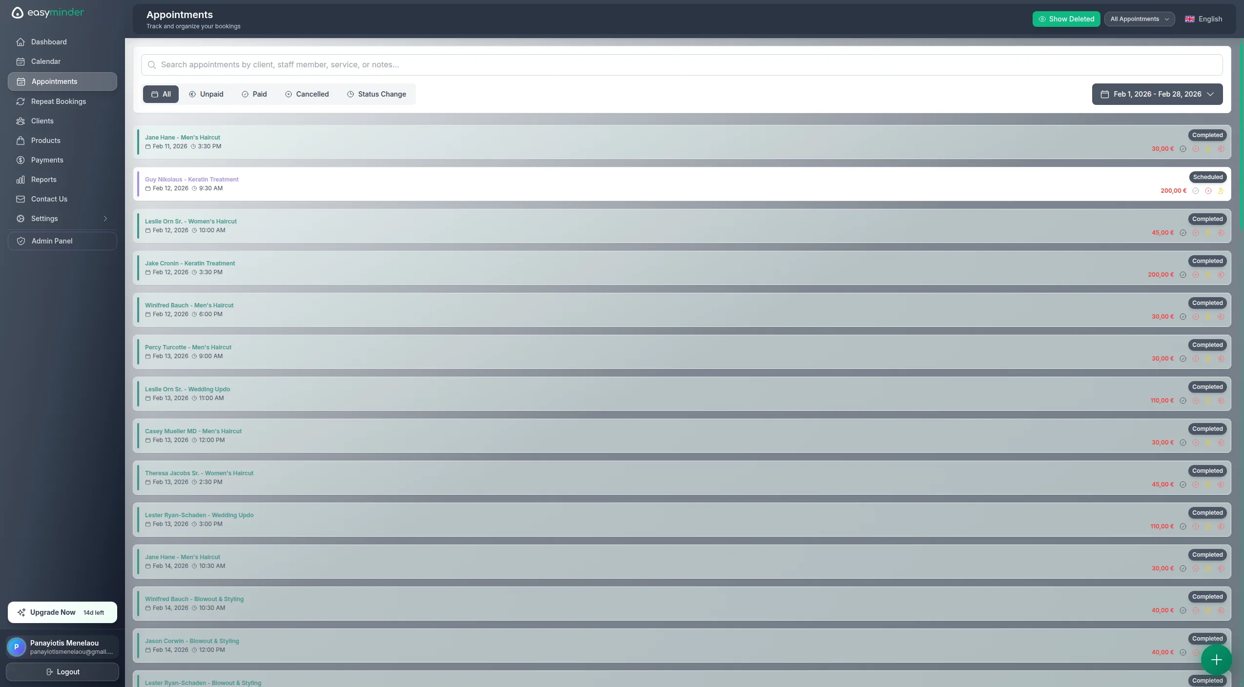 Appointment list — filter by status, provider, and date with real-time updates